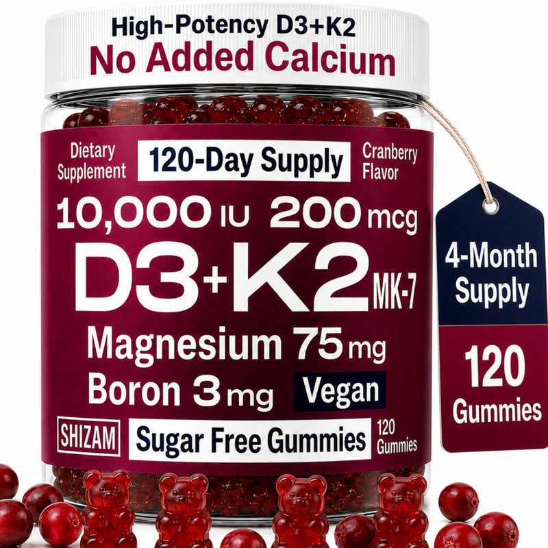 SHIZAM Vitamin D3 10000 IU + K2 MK-7 Gummies with Magnesium & Boron | 120 Day Supply | Vegan, Sugar-Free Formula