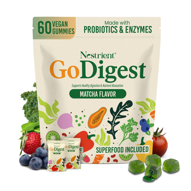 GoDigest Probiotics & Digestive Enzymes Gummies, Matcha, 60ct | Gut Health Support, Bloating Relief, Nutrient Absorption Support, Superfoods & Vitamins, Vegan