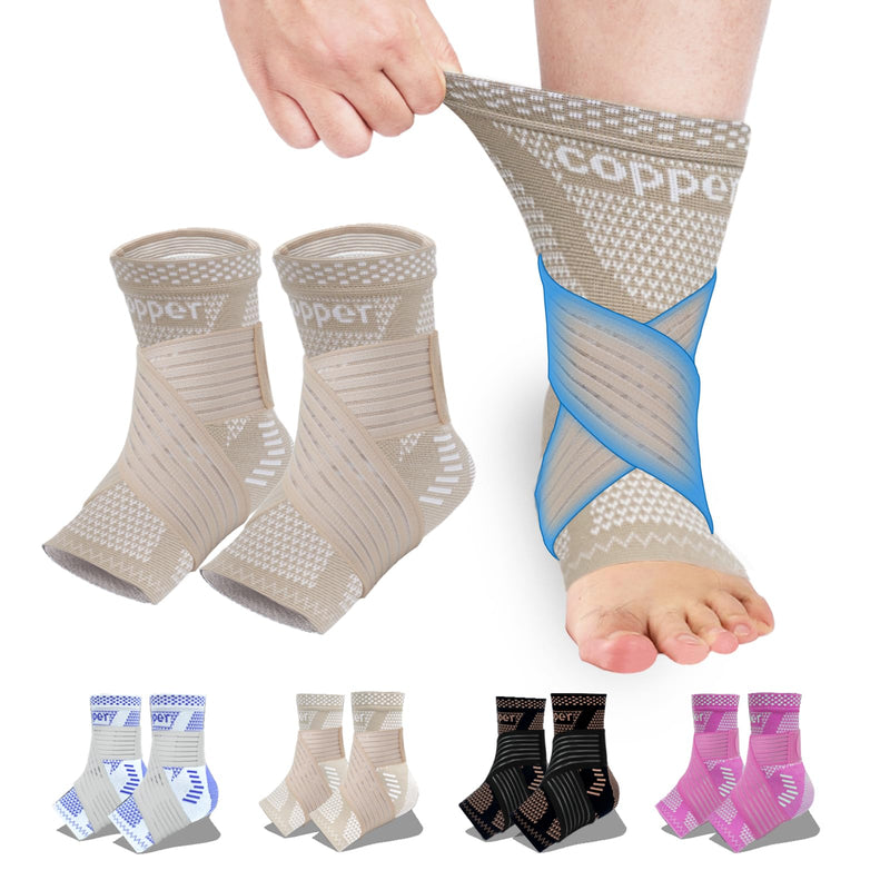 LISEPWU Copper Ankle Brace with Adjustable Compression Bandage, Ankle Support Compression Sleeve for Men & Women, for Foot Pain, Sprained Recovery, Achilles Tendonitis, Sports Protection(Skin Tone M) Skin Tone Medium - BeesActive Australia