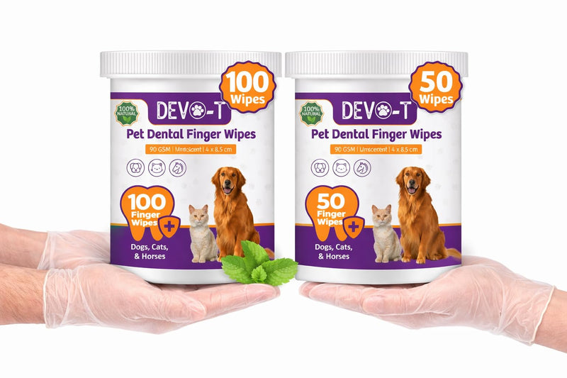 DEVO-T 100% Natural Dog Teeth Cleaning Wipes | Pet Teeth Cleaning Finger Wipes for Dogs, Cats & Horses | Remove Bad Breath,& Tartar Buildup | Dog Wipes Mint Scented & Unscented Bundle | 150 Count