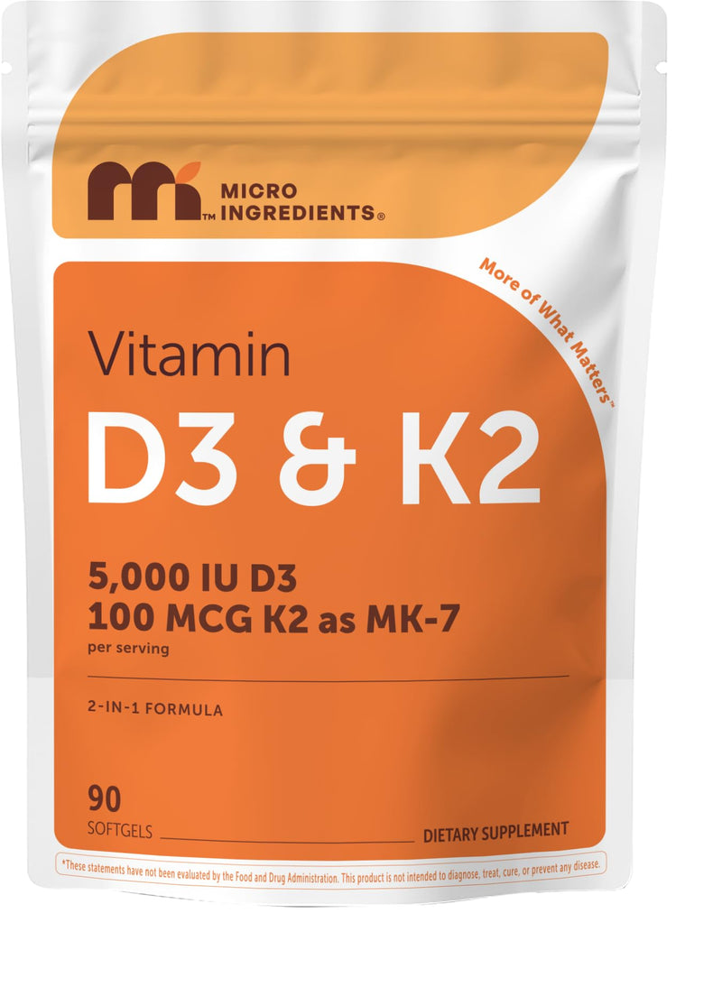 Micro Ingredients Vitamin D3 5,000 IU + K2 MK-7 100 mcg Per Serving, 90 Softgels | 2-in-1 D3 K2 Supplement | Easy-to-Swallow, Non-GMO, Gluten Free 90 Count (Pack of 1)