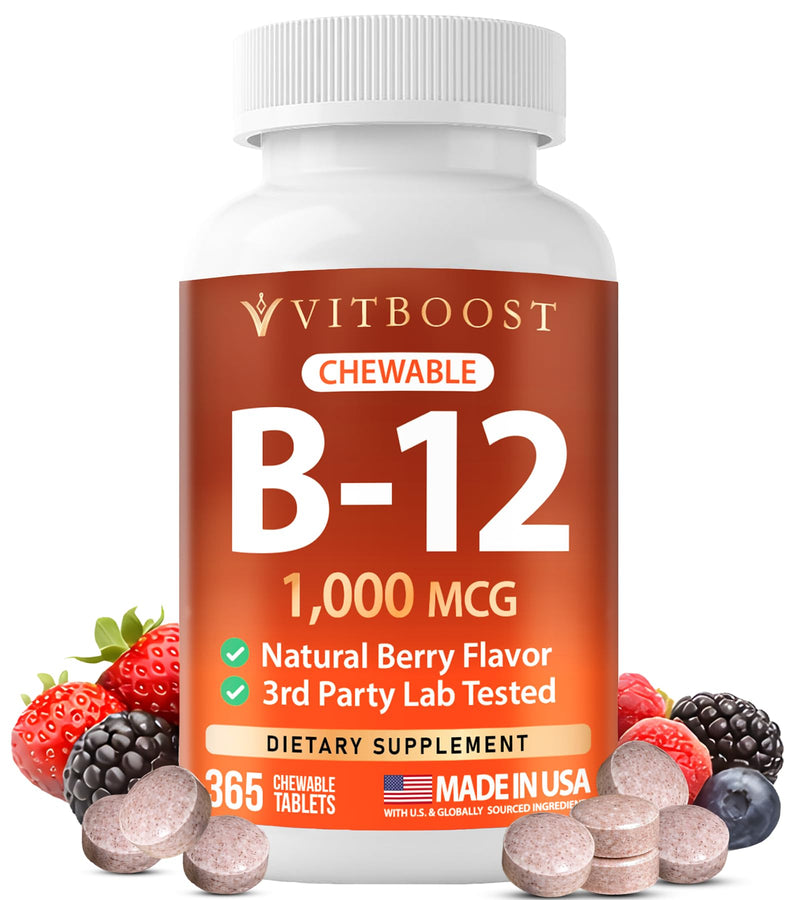 VITBOOST Vitamin B12 1000 mcg Chewable Tablets Natural Berry Flavor, 365 CT | B-12 Vitamin for Energy & Nervous System Support - Non-GMO Tablets, Third Party Tested - Made in USA