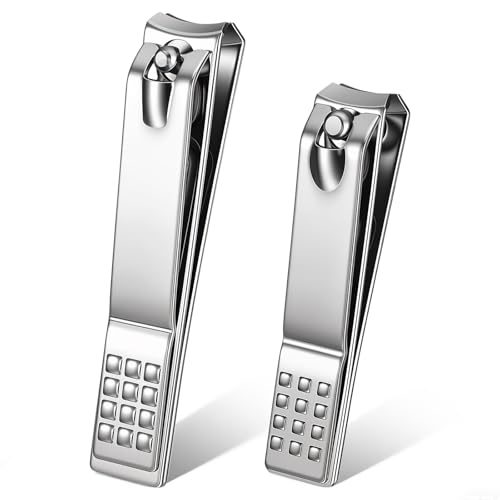 2Pcs Stainless Steel Nail Clippers, 2 Size Heavy Duty Ultra Sharp Straight Nail Clipper Travel Nails Cutters with Anti-Slip Grip for Thick Ingrown Nails, Silver