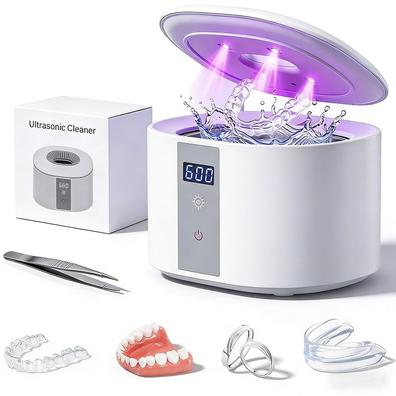 Dental Ultrasonic Retainer Cleaner Machine, 45kHz Ultrasonic Denture Cleaner with 200ML Capacity & 4 Modes for Dentures, Retainers, Mouth Guard, Toothbrush Heads, Jewelry-White White - BeesActive Australia