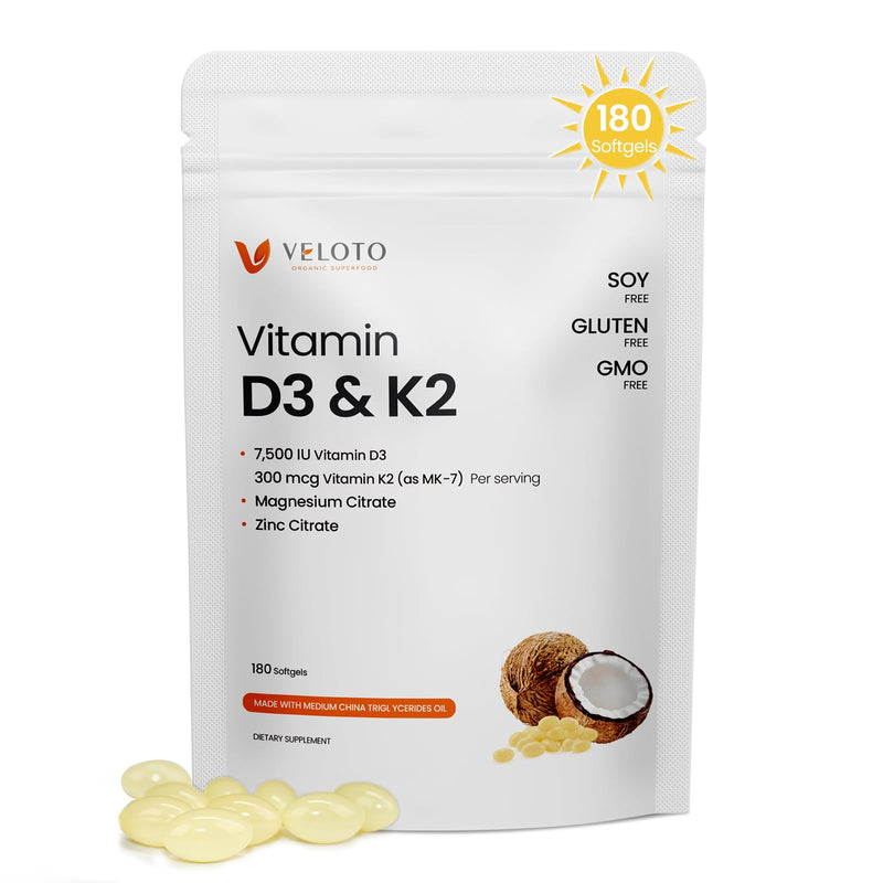 VELOTO Vitamin D3 K2 Magnesium Zinc Supplement, Magnesium & Zinc Citrate | 7500 IU Vitamin D3 + 300 mcg K2 MK-7, 4-in-1 Daily Wellness Support, Bone Muscle & Immune Support, 180 Softgels, Non-GMO