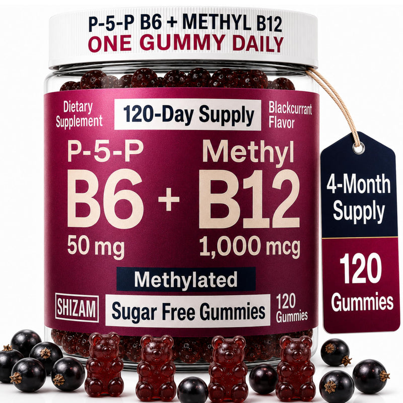 SHIZAM Vitamin B6 P-5-P 50 mg + Methyl B12 1,000 mcg Gummies, Sugar Free | 120 Count, One Gummy Daily, 120-Day Supply, Blackcurrant Flavor, Vegan Pectin, Gelatin Free, Stevia and Monk Fruit