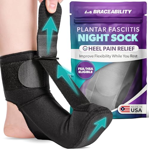 BraceAbility Plantar Fasciitis Relief Night Splint Sock - Soft Achilles Tendonitis Brace for Women and Men, Foot Drop, Planters Facetious Night Sling Boot for Sleeping and Stretching Support (M) Medium (Men’s 8-11.5 / Women’s 9-12.5)
