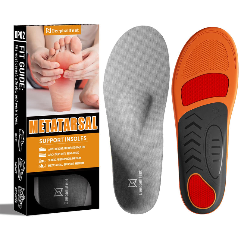 Metatarsalgia Support Insoles with Built-In Metatarsal Pad for Men Women, Shoe Inserts for Morton’s Neuroma, Ball of Foot Pain Relief, Orthotic Arch Support Insoles for Standing All Day-E E(Men's 8-9 / Women's 9-10)--275mm Dp02-met(grey)