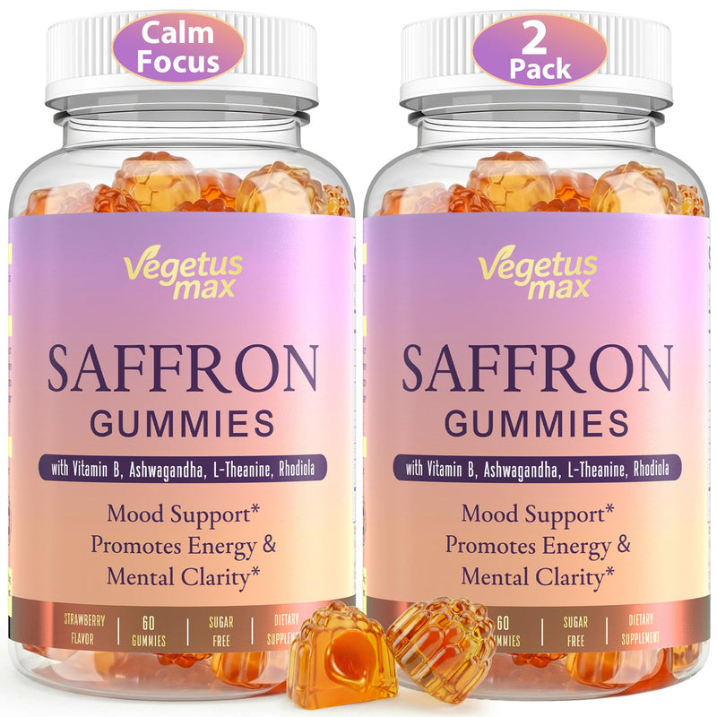 Saffron Supplements Gummies for Adults Kids, 88.5mg Saffron Extract, 2 Pack | Saffron Extract with Magnesium, Ashwagandha, L-Theanine, Rhodiola, Rosemary, B6, B12 for Happy Mood, Calm, Focus, Cognition Strawberry 60 Count (Pack of 2)