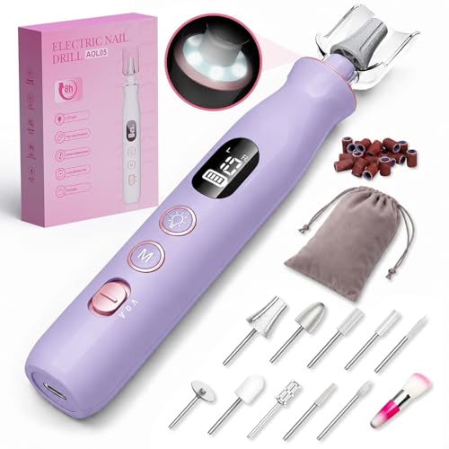Electric Nail Drill,Purple Electric Nail File with 10 Speeds,10 Bits & LED Light,for Acrylic Nails,Gel Polish Removal,Thick Toenails–Beginner-Friendly