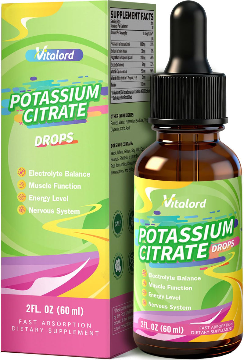 Liquid Potassium 1000mg Drops, Potassium Citrate with Magnesium Supplement for Women, with Zinc Picolinate, Taurine, Vitamin B6 & C, Support Leg Cramps & Muscle Health, 30 Servings
