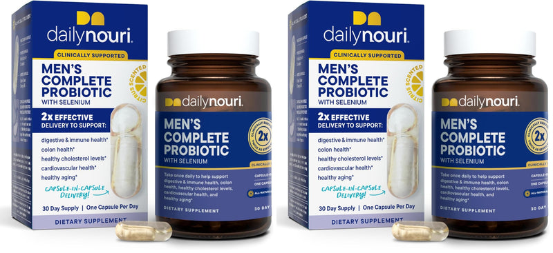 Daily Nouri Probiotics for Men | Men's Vitality, Gut Microbiome & Colon Health Support | 5 Clinically Studied Strains + Selenium & Vegan Omega | 30-Day Supply (Pack of 2) 30 Count (Pack of 2)