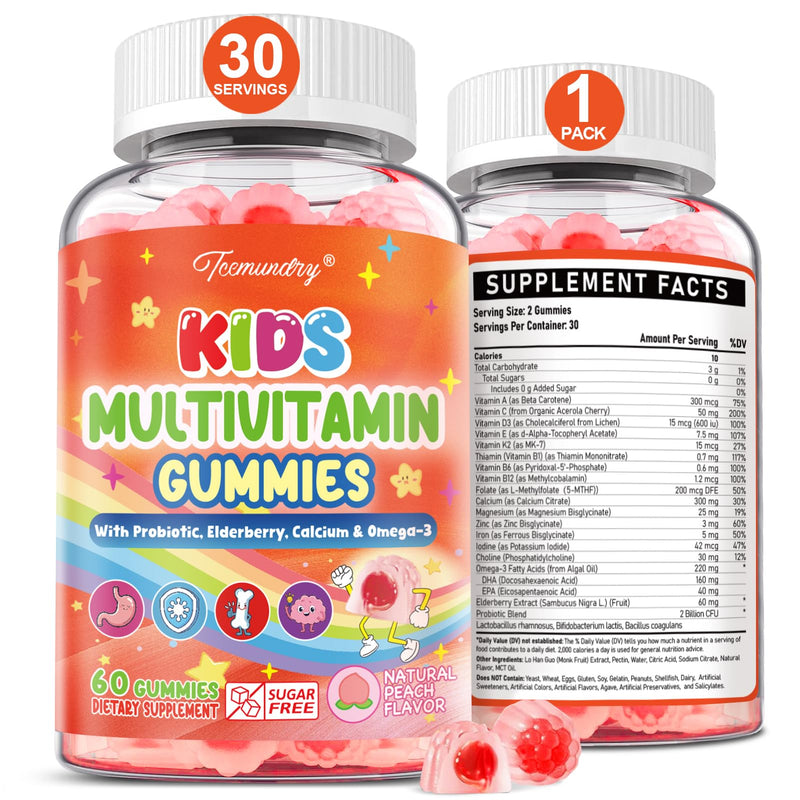 Kids Multivitamin Gummies - Kids Vitamins with Calcium, Probiotics, Iron, Omega-3, Methylated B12 & Methylfolate, Vitamin D3, K2, B6, A, C, E, Zinc for Healthy Growth - Sugar Free, Vegan, 60 Gummies Peach 60 Count (Pack of 1)