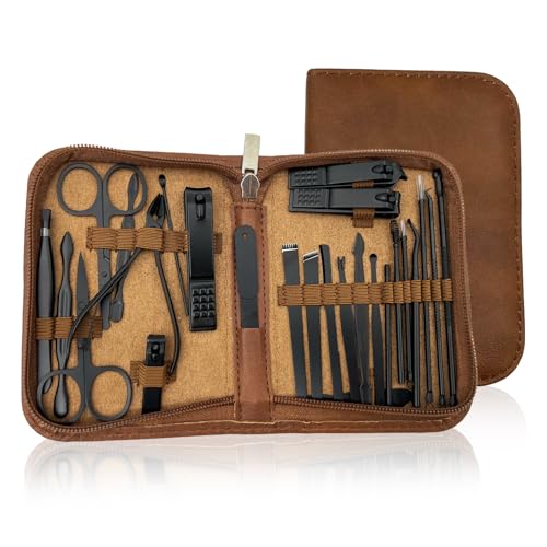 Brown Deluxe 26-Piece Stainless Steel Manicure & Pedicure Grooming Kit with Premium Travel Case