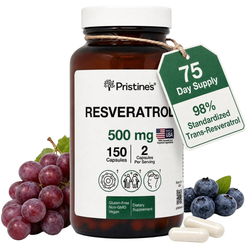 PRISTINE'S Resveratrol 500mg Capsules, 98% Trans-Resveratrol, 150 Count | Healthy aging and antioxidant support from 98% trans-resveratrol. 75 day supply, vegan, non-GMO, gluten-free glass bottle