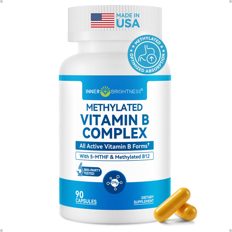 Inner Brightness Vitamin B Complex - Fully Methylated Active B12, B6, Folate - for Energy, Focus, Mood & Nerve Health - Non-GMO Vegan Gluten-Free with B1, B2, B3, B7-90 Capsules for 3 Months 90 Count (Pack of 1)