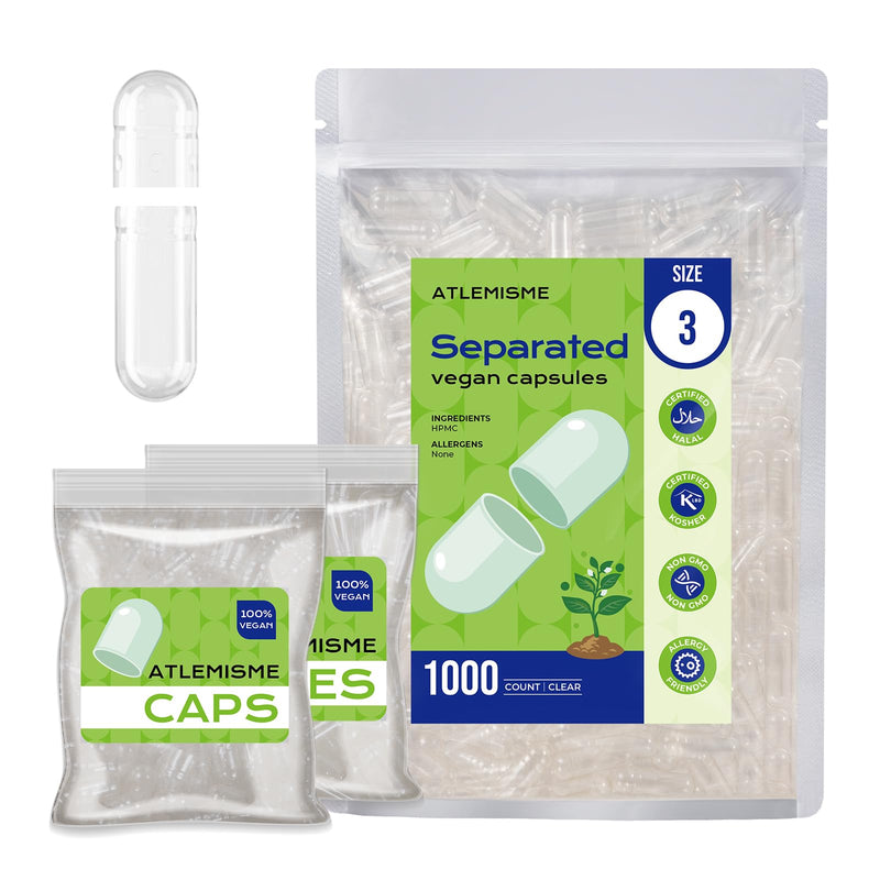 Vegan Size 3 Separated Capsules - 1000 Count Premium Plant-Based Clear Empty Capsules for DIY Supplement Filling, Gluten-Free, Non-GMO, Kosher & Halal Certified 1 Count (Pack of 1000)