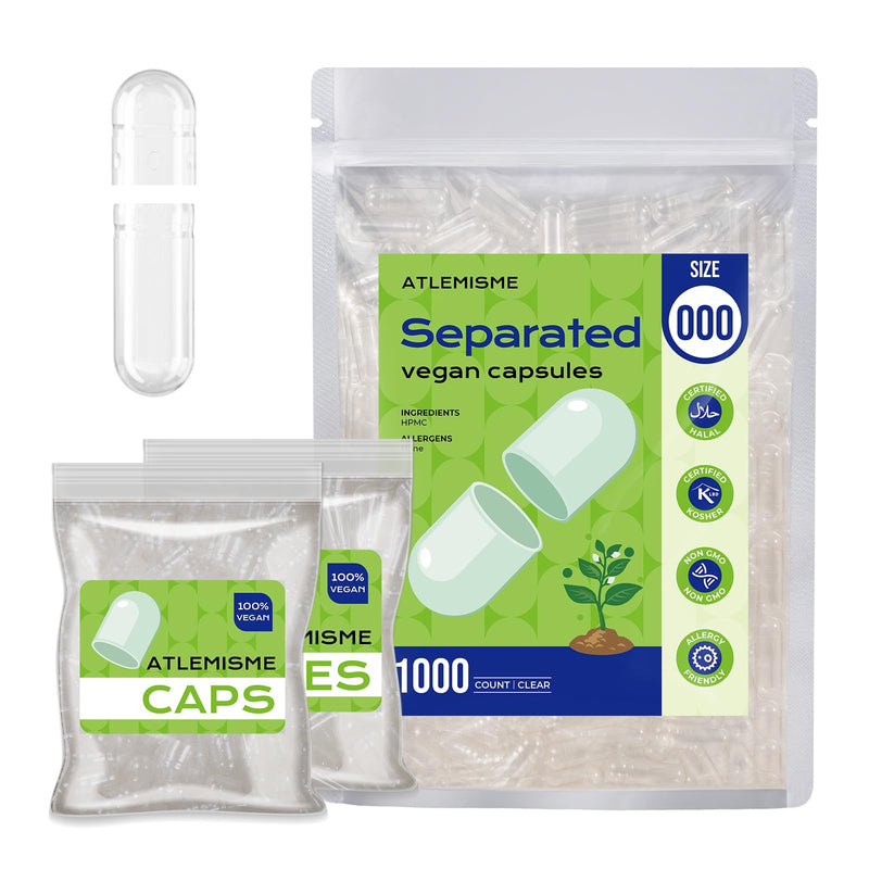 Vegan Size 000 Separated Capsules - 1000 Count Premium Plant-Based Clear Empty Capsules for DIY Supplement Filling, Gluten-Free, Non-GMO, Kosher & Halal Certified 1 Count (Pack of 1000)