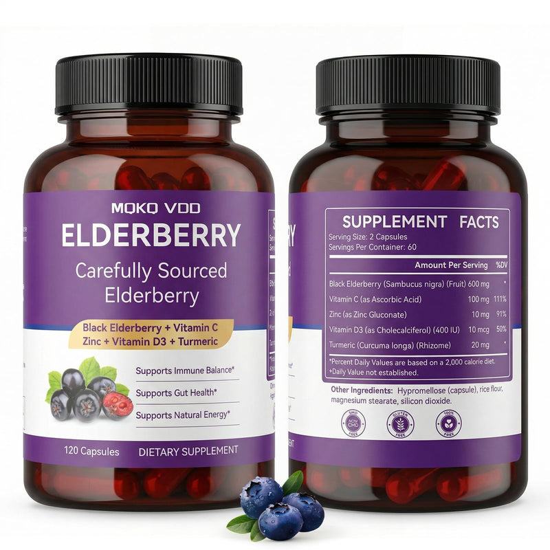 Elderberry Immune Support Capsules, Sambucus with Vitamin C Zinc D3 Turmeric FOS, 120 Vegan Enteric Coated Non-GMO Herbal Supplement