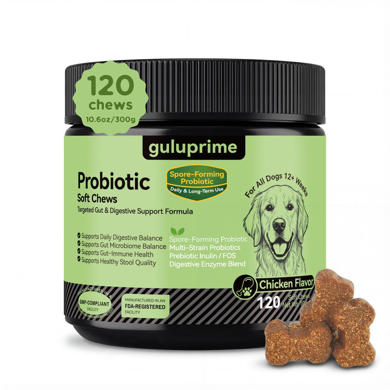 Probiotics & Prebiotics Soft Chews for Dogs – Daily Gut & Digestive Support, Spore-Forming Probiotic with Multi-Strain Lactobacillus, Prebiotic Inulin/FOS, Chicken Flavor, 120 Chews