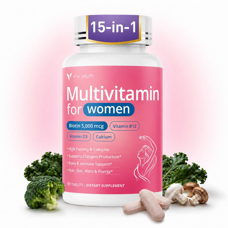 15-in-1 Multivitamin for Women, 90 Tablets, 30-Day Supply | 5000mcg Biotin+Beauty Blend, 7 High-Potency B Vitamins, D3 & Calcium, Hair|Skin|Nail Health, Energy, Immunity & Bone Support