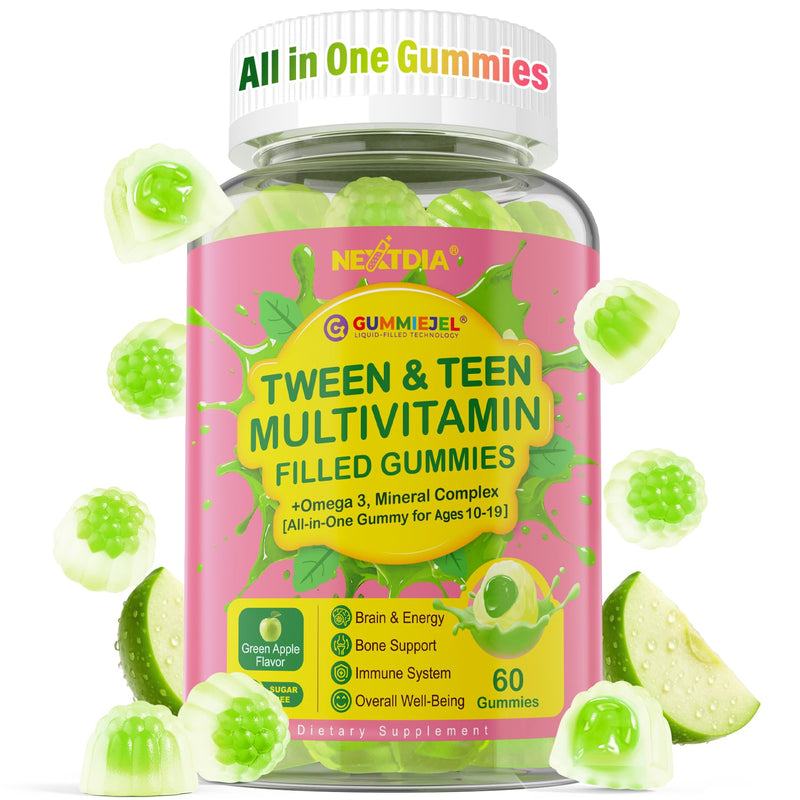 Nextdia Multivitamin Gummies with Iron for Teen Boys Girls 12-17, Kids/Children & Teenagers Ages 10–19 Vitamins w/Omega 3, Magnesium + Zinc, Multi-Minerals for Adolescent Brain, Bone, Energy, Immune