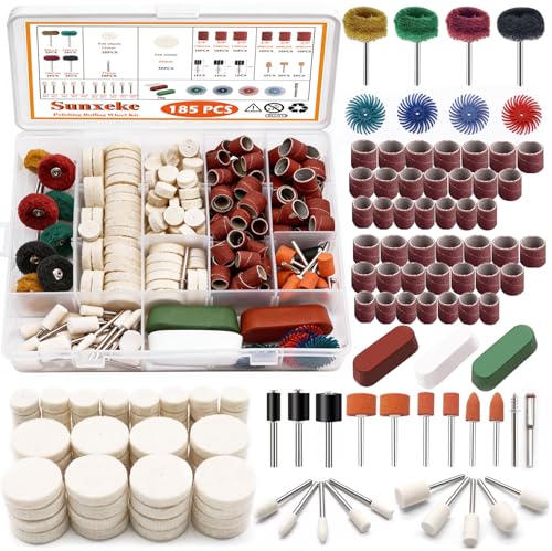 185Pcs Polishing Buffing Wheel Kit, Felt Wool Pad Set, Rotary Accessories with Sanding Drum, Polishing Compound, Grinding Head, 1/8" Shank for Jewelry Metal Polishing, Compatible with Dremel 185pcs-10 Styles