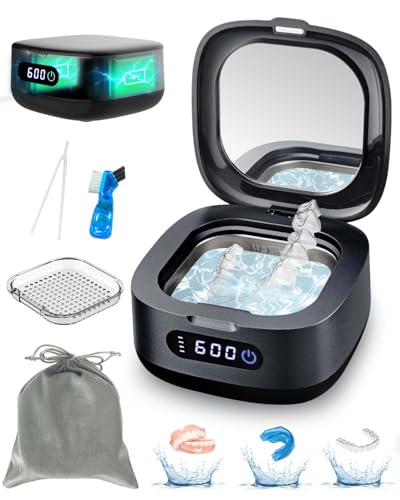 Voraiya Rechargeable Ultrasonic Retainer Cleaner, Portable Retainer Cleaner Machine, 52kHz Retainer Cleaner for Dentures, Night Guards, Mouth Guards, 166ml Dental Cleaning Pod with Mirror, 3 Modes