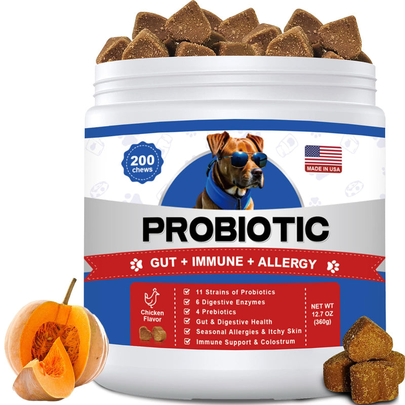 Probiotics for Dogs Gut Digestive Health Probiotic Chews for Dogs with 11 Billion CFUs, 4 Prebiotics, Pumpkin, Salmon Oil & Yogurt Base| Supports Gas, Yeast Balance & Immune, Dog Probiotics 200ct 0.06 Ounce (Pack of 200)