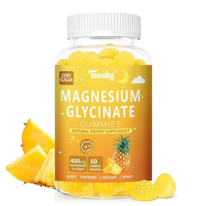 Magnesium Glycinate Gummies 400mg - Sugar Free Vegan Gummies for Adults & Kids with Vitamin D3, B6, C, CoQ10, Collagen, Zinc - Sleep, Muscle, Bone & Memory Support - 60 Pineapple Chewables 60 Count (Pack of 1)