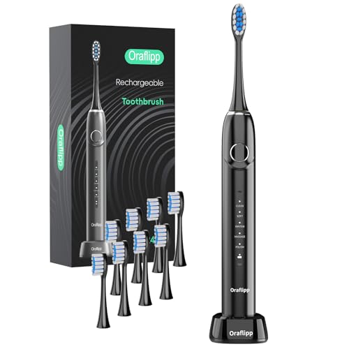 Sonic Electric Toothbrush - 40,000 VPM Power Toothbrush with 5 Modes, Smart Timer & Mode Memory, IPX7 Waterproof, 30 Days Battery Life with Inductive Charger, 8 Brush Head (Black) Black