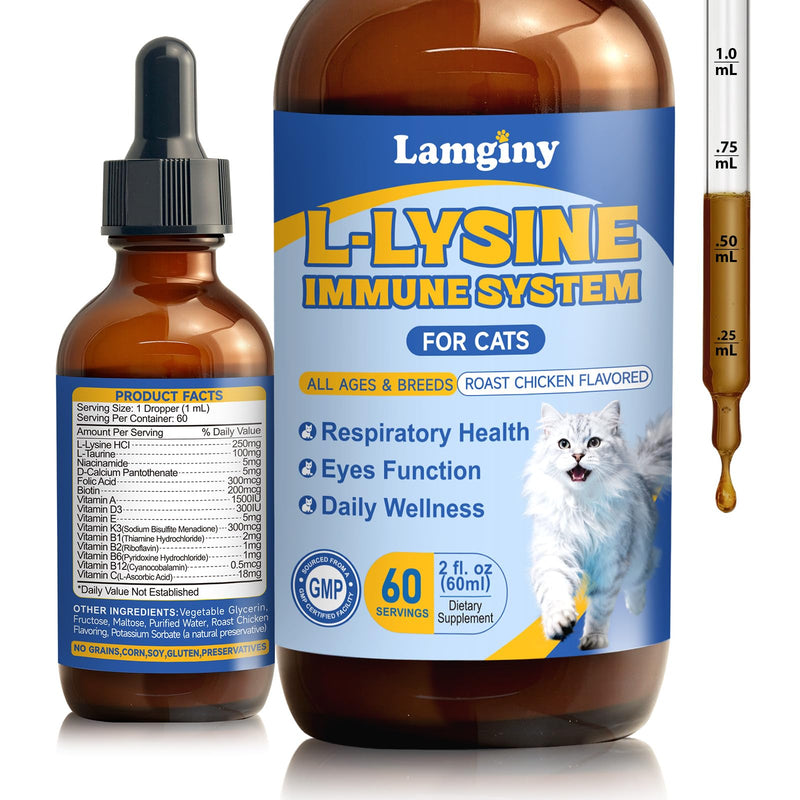 L-Lysine for Cats - Lysine Drops for Cats - Immune Support Supplement with L-Taurine, Vitamins - Feline Respiratory Health, Sneezing, Runny Nose,Eye Function - Roast Chicken Flavor, 2 fl oz