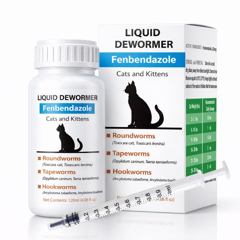 Fenbendazole Liquid Dewormer for Cats & Kittens, Treat Tapeworms, Roundworms & Hookworms - 4.06 oz, 120ml