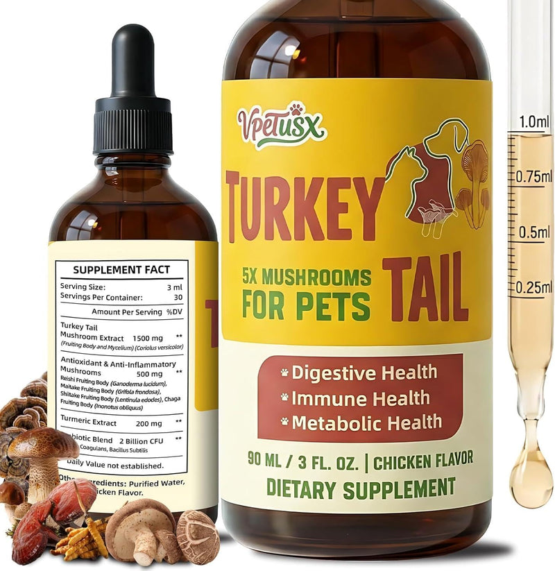 Turkey Tail Mushroom Supplement for Dogs - Liquid Immune Support Drops for Lumps & Bumps - 7-in-1 Blend with Turmeric & Probiotics, Chicken Flavor (90 ML)