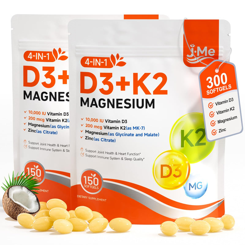 JME Core Vitamin D3 K2 10,000 IU Magnesium Supplement– Bone & Vascular Health Support - Immune Function Support* with D3 and K2 (MK-7), Magnesium Glycinate & Malate, Zinc Citrate -300 Softgels 150 Count (Pack of 2)