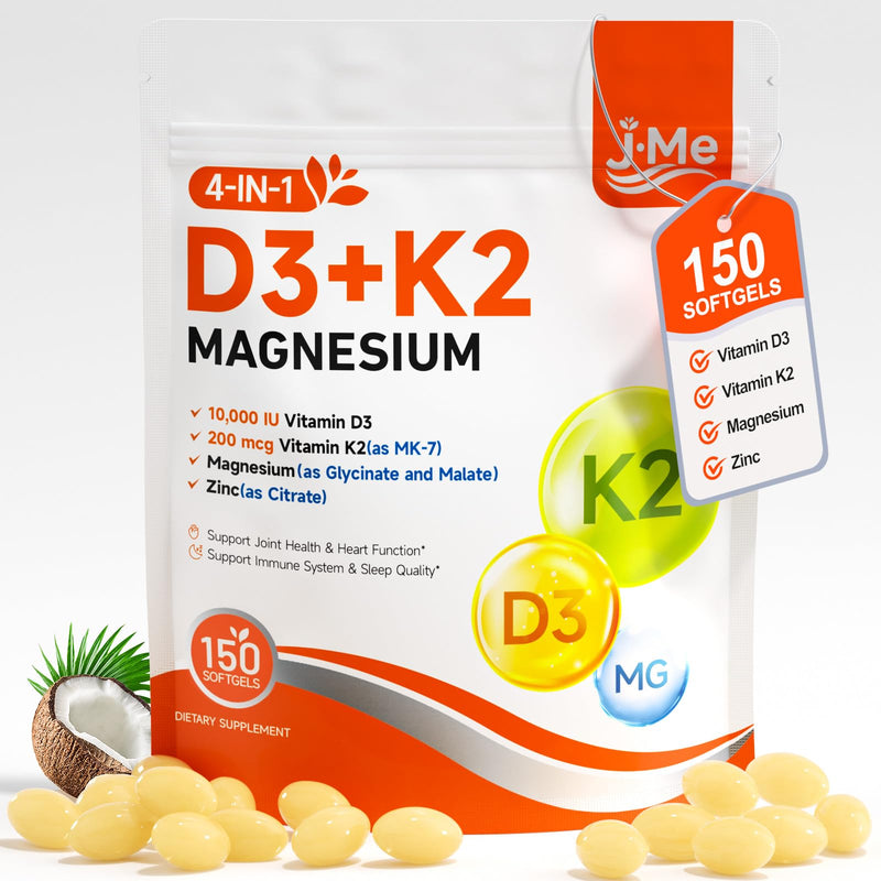 JME Core Vitamin D3 10,000 IU + K2 MK-7 200 mcg Vitamin Supplement D3K2 | with Magnesium Complex | Virgin Coconut Oil | 4-in-1 Vitamins D & K | Extra Strength, Easy to Swallow, Non-GMO, Gluten Free 150 Count (Pack of 1)
