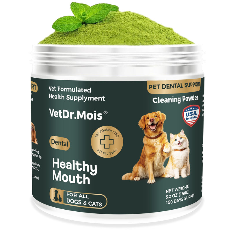 Dog Teeth Cleaning Powder for Dogs & Cats, Dental Powder for Plaque & Tartar Control, Fresh Breath Oral Care, No Brushing Needed, 150g