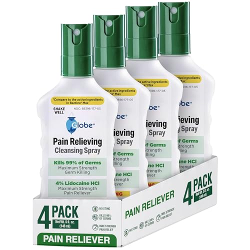 Globe Max Lidocaine Antiseptic Spray, No Sting, 4 Bottles, 5 oz 5 fl oz (Pack of 4)