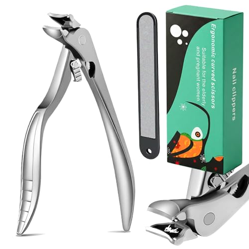 Ergonomic Curved Long Handle Nail Clippers - Pliers-Style Toenail Clippers, Easy Grip for Seniors and Thick Nails, Built-in Nail Catcher & Safety Switch (Silver) Silver