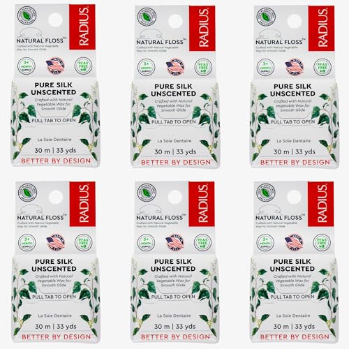 RADIUS Silk Dental Floss, Natural Biodegradable Floss for Sensitive Gums, PFAS Free, Compostable, Unscented, 30m / 33yd, Pack of 6 99 Foot (Pack of 6)