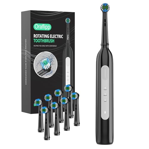 Rotating Electric Toothbrush - 3 Cleaning Modes, Smart Memory & 2-Minute Timer, Type-C Rechargeable Sonic Toothbrush with Low Battery Alert, Includes 8 Replacement Brush Head (Black) Black