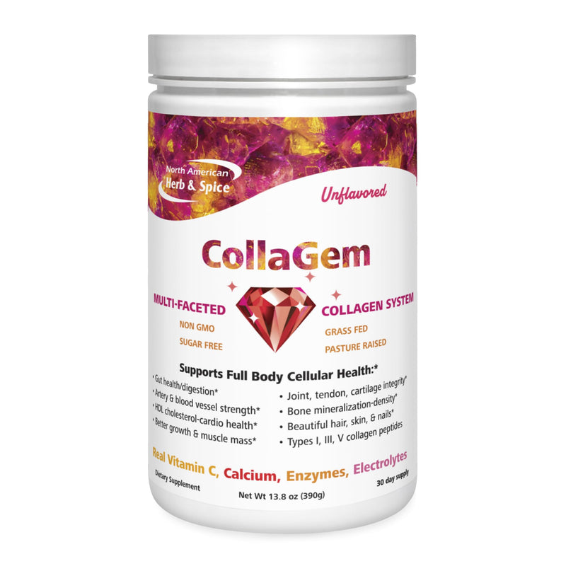 NORTH AMERICAN HERB & SPICE CollaGem Powder, Unflavored - 13.8 oz - 11 g of Collagen with Vitamin C, Calcium & Electrolytes - Bone, Skin, Hair, Nails & Joint Health - 30-Day Supply