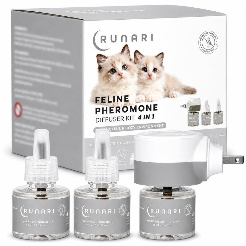 Feline Pheromone Calming Diffuser | Plug-in for Cat Stress, Anxiety, Fighting, Scratching, Over-Grooming, Meowing | Ideal for Multi-Cat Homes | 1 Diffuser + 3 Refills