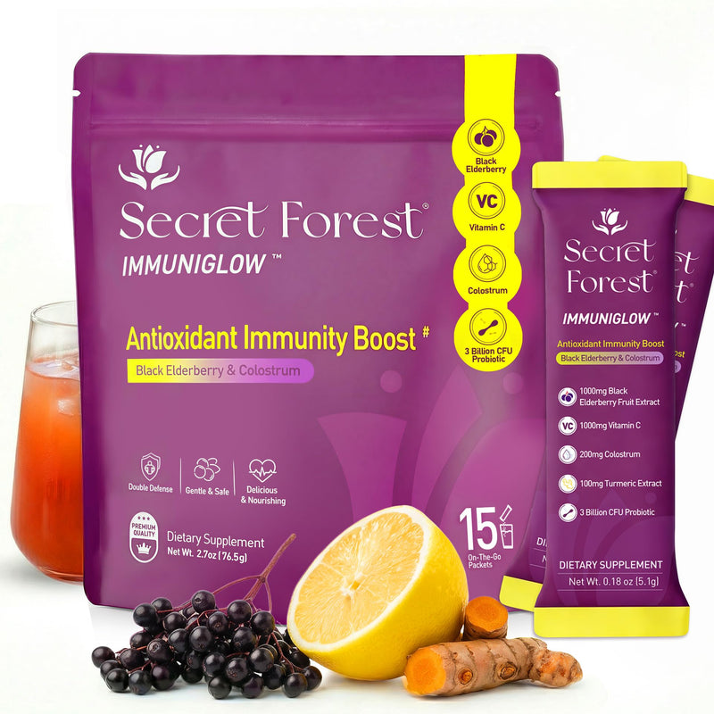 Secret Forest ImmuniGlow, 1000mg Vitamin C, 1000mg Black Elderberry, Probiotics, Colostrum, Turmeric & Zinc – Antioxidant & Recovery Formula, Daily Immunity & Gut Support Drink Mix (15 Packets) 15 Count (Pack of 1)