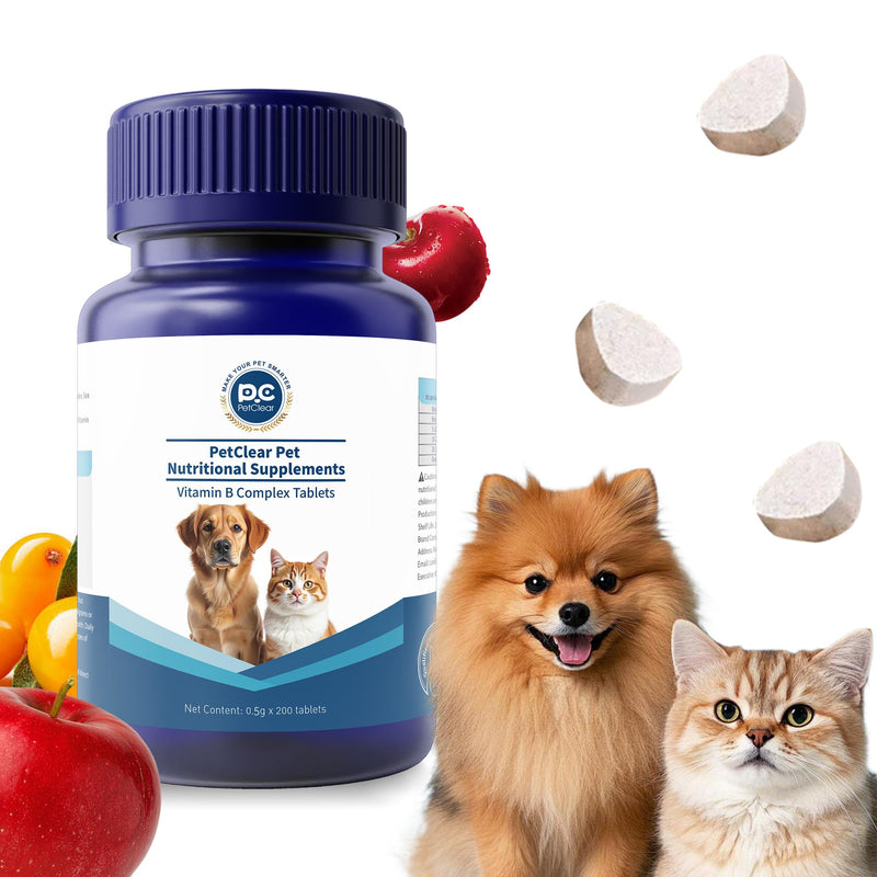 Vitamin B for Dogs, 200 Tablets, Vitamin B Complex Contains B12, B1, B2, B3, B5, B6, B7, B9 Supports Energy, Appetite, Digestive, Skin, Coat, Neurological Health, Suitable for Cats and Dogs(1 Bottle) Blue 1 Bottle (200pcs in total)