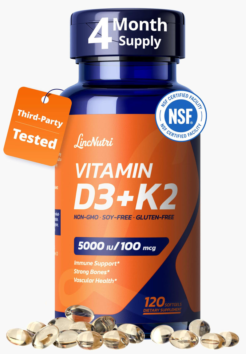 Vitamin D3 K2 5,000IU MK7 100mcg, 120 Softgels, 3rd Party Tested | Non-GMO · Soy Free · Gluten Free · Keto, Sunflower Seed Oil, Easy to Swallow for Bone & Heart Health, 4-Month Supply Vitamin D3 K2 5000IU