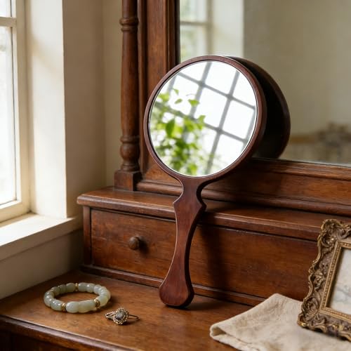 Tumecos Wooden Hand Mirror, Round Handheld Mirror with Fish Tail Handle, Natural Pine Wood, Large & Small Size Options, Vanity Makeup Mirror with Non-Distortion Glass, for Home/Salon Gift, Large Walnut Brown 11"L x 5.7"W