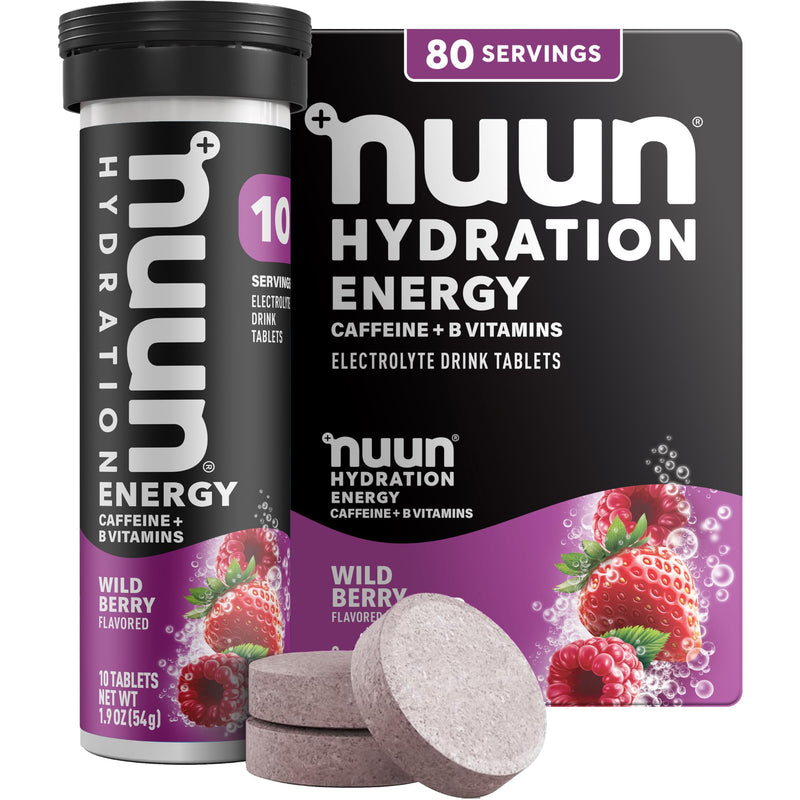 Nuun Energy Caffeine + B Vitamins Wild Berry, GF & Vegan, 8 Pack | 80 Servings with Caffeine from Green Tea Extract, Magnesium & 4 Other Electrolytes, Gluten Free, Vegan Wildberry 80 Count (Pack of 1)