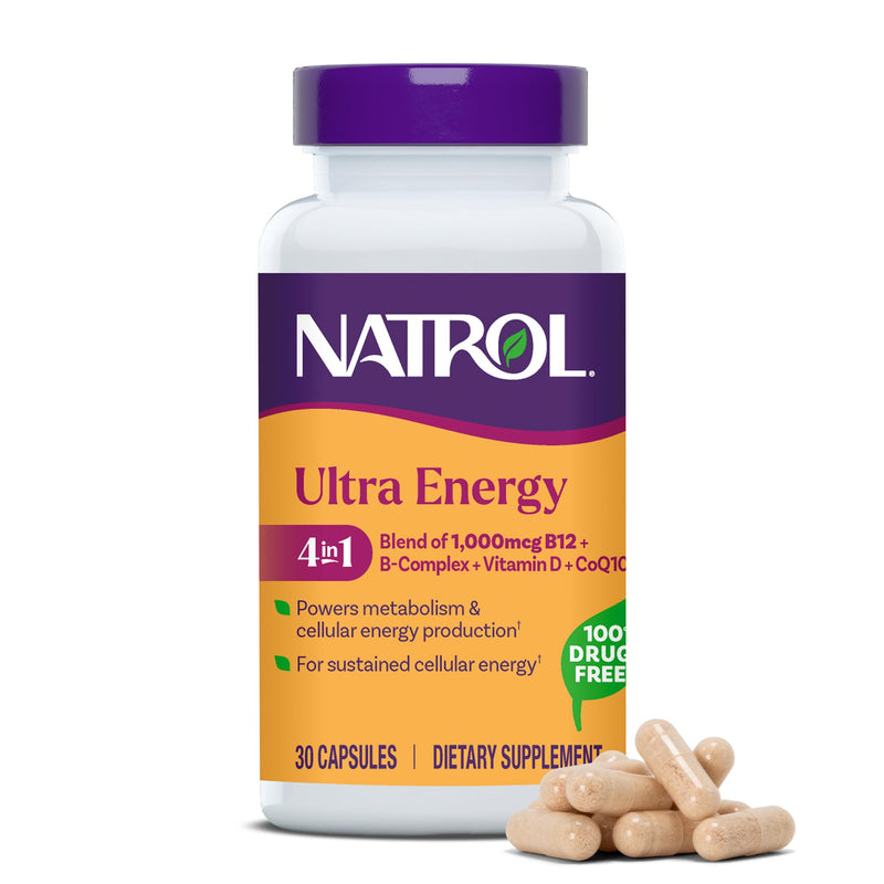 Natrol Ultra Energy 4-in-1, B12, B Complex, Vitamin D, CoQ10, 30 Capsules | Supports Cellular Energy Production, Powers Metabolism, Vitamin B Complex, Vegetarian, Caffeine-Free