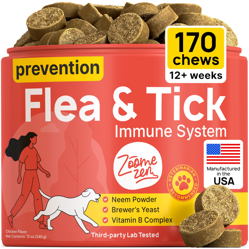 Flea and Tick Prevention for Dogs Chewable – Natural Flea Pills for Dogs, All Breeds & Ages, Chicken Flavor – Dog Flea and Tick Treatment Chewable Supplement – 1 Pack, 170 Count, Made in USA